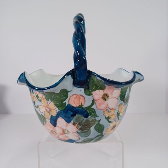 Unmarked Other - Ruffled Ceramic Basket Handcrafted Blue White Pink Floral Twisted Handle